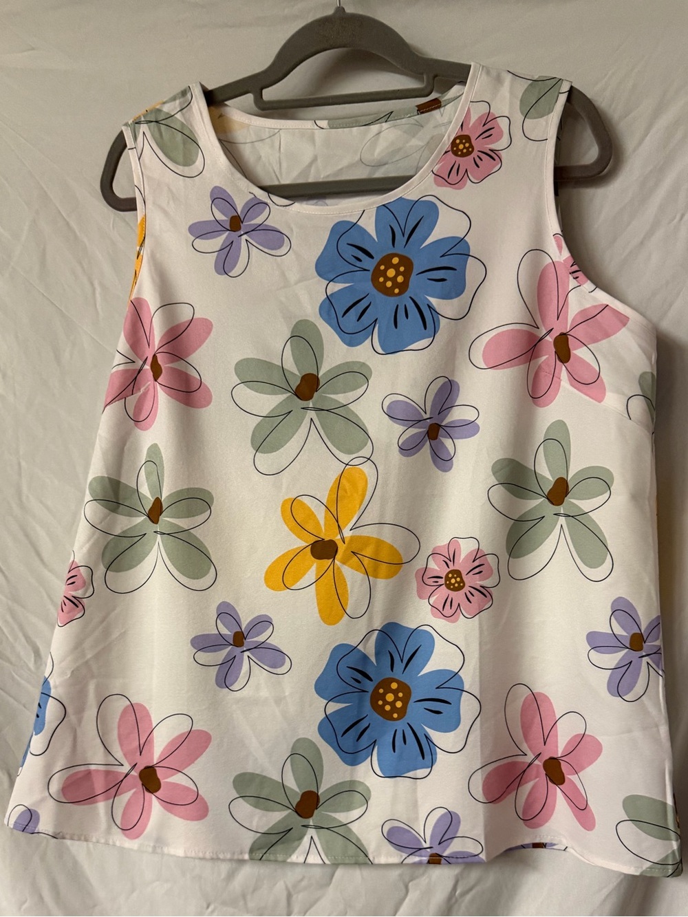 White Floral Sleeveless Blouse with Blue, Pink & Yellow Flowers